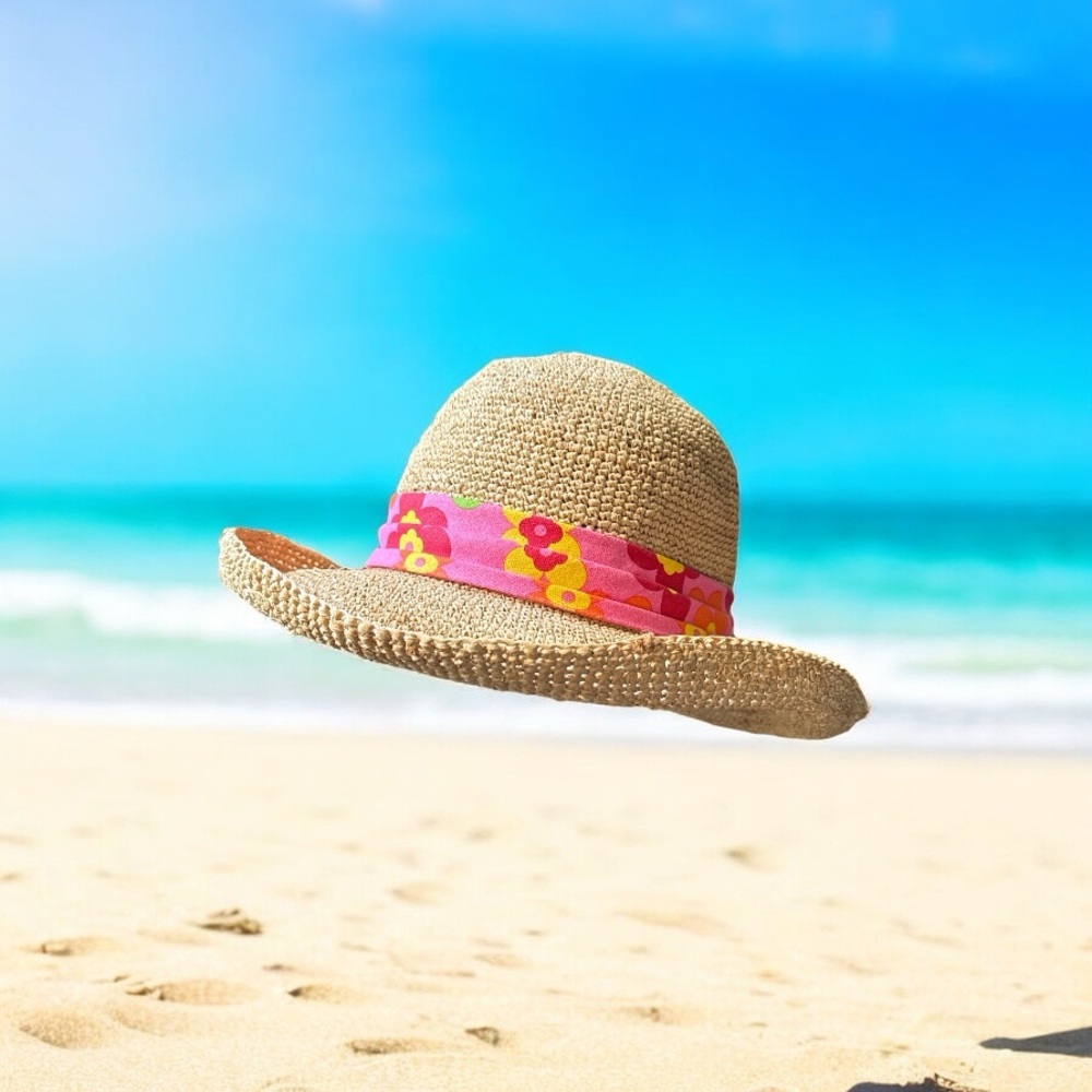 Tan and Pink Wide-Brimmed Straw Sun Hat